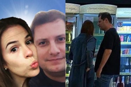 montagem com foto dos rostos de Suzane Von Richthofen e Felipe Zecchini e outra imagem deles dois em pé, de costas, em frente a uma geladeira de mercado - metrópoles