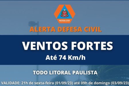 Imagem colorida com fundo azul, em diferente tonalidades. "Ventos fortes; até 74 km/h", diz a mensagem em destaque - Metrópoles