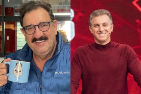 montagem com fotos de Ratinho de casaco azul sorrindo e segurando caneca e Luciano Huck de suéter vermelho - metrópoles