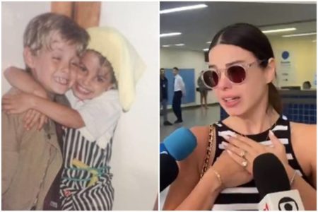 Montagem com foto de Sthefany Brito e Kayky Brito na infância e Sthefany na porta do hospital