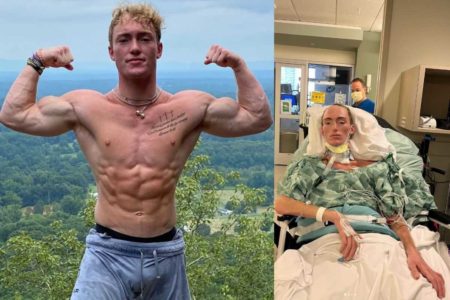 Imagem colorida dividida no meio: na esquerda jovem forte com paisagem de fundo e no lado direito, jovem acamado no hospital - Metrópoles