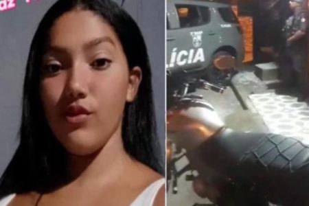 Imagem colorida traz montagem com o rosto de uma mulher jovem, branca, de cabelos negros, de um lado, e uma viatura da polícia e uma moto do outro