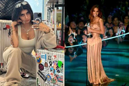 Montagem de fotos coloridas de Mia Khalifa e Anitta - Metrópoles