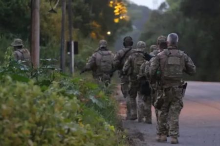 Imagem colorida de policiais uniformizados em operação na mata - Metrópoles