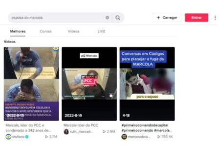 Imagem colorida da busca do TikTok. Aparecem as capas de três vídeos relacionados a Marcola - Metrópoles