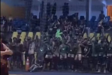 foto colorida mostra estudantes de Medicina da Unisa abaixando as calças, em episódio chamado de "punhetaço", durante jogo de vôlei feminino - Metrópoles