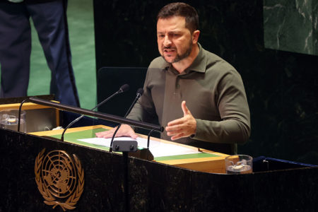 imagem colorida presidente Zelensky discursa na onu - metropoles