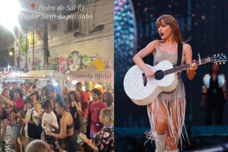 montagem com foto de pessoas dançando e foto de taylor swift tocando violão - metrópoles