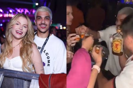 Montagem colorida com fotos de Luísa Sonza e Chico Moedas no bar com amigos - Metrópoles