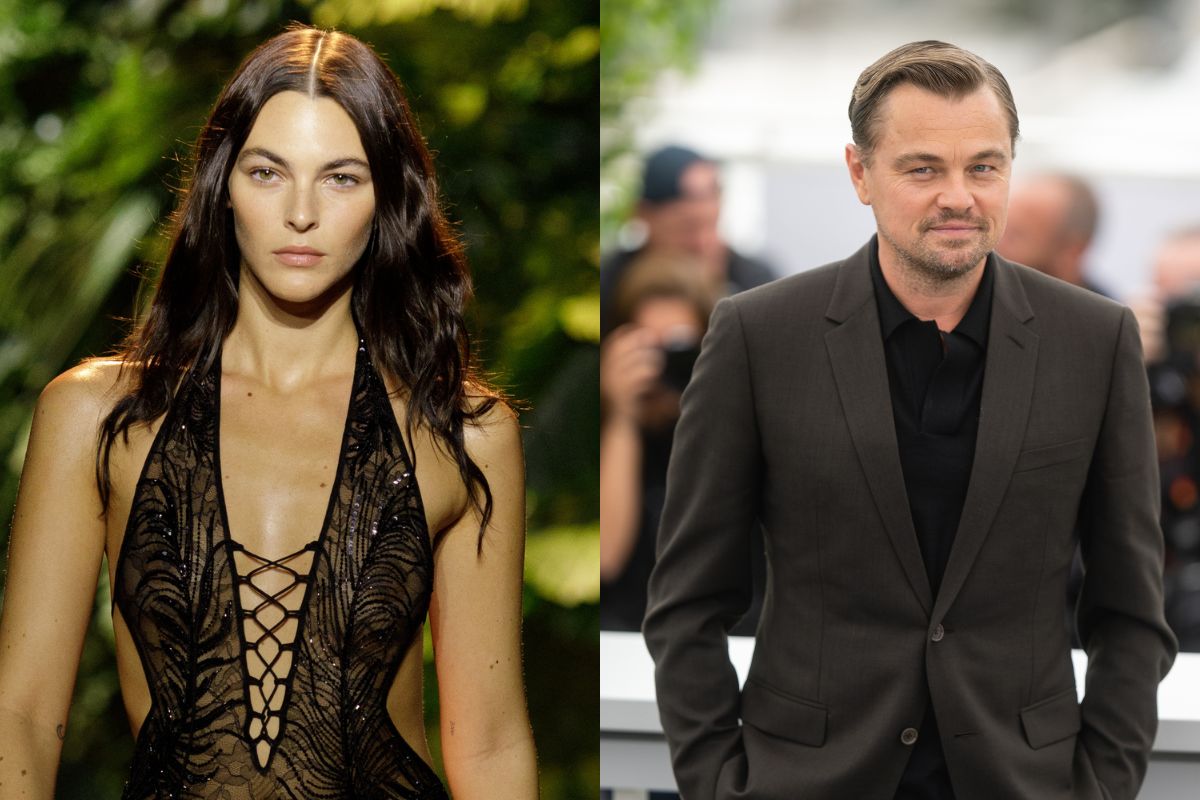 Foto colorida. Imagem mostra a imagem dividida ao meio mostrando Vittoria Ceretti, modelo branca, de cabelos pretos e lisos desfilando. Do outro lado, Leonardo DiCaprio está trajando um terno marrom e posando para fotos - Metrópoles