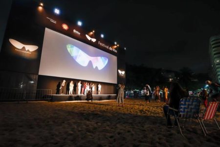 Foto colorida de telão instalado na praia de Copacabana