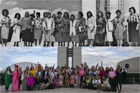 Foto colorida de deputadas e senadoras no Congresso Nacional em comemoração aos 35 anos da Constituição - Metrópoles