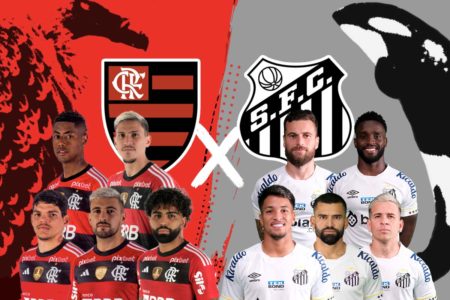 Arte de imagem colorida com jogadores de Flamengo e Santos e escudos dos dois times - Metrópoles