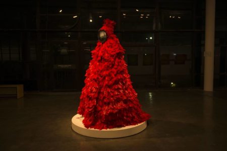 Manto de plumas vermelhas criado por Daiara Tukano