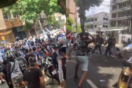 Imagem colorida com uma montagem com duas fotos de briga de torcedores, em Belém, durante comemoração do Círio de Nazaré - metrópoles