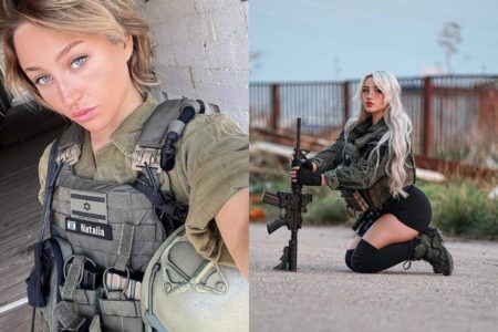 montagem com duas fotos coloridas de mulher loira com roupa do exercito - metrópoles