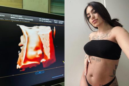 montagem com foto de rosto de bebê em ultrassom e foto de mc mirella de top e calcinha - metrópoles