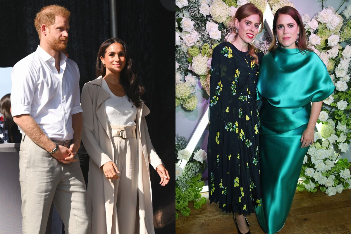 Imagem colorida dividida em duas partes. Na primeira, estão Harry e Meghan usando roupas claras. Na segunda parte, as irmãs Beatrice e Eugenie estão abraçadas e posando para fotos