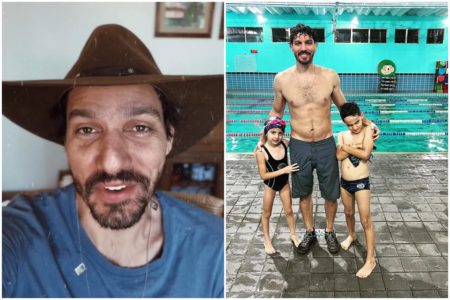 Montagem com duas fotos de Guito. Na primeira ele está de chapéu marrom e blusa azul. Na segunda, acompanhado dos filhos em uma piscina. Ele é um homem branco de barba preta e rala - Metrópoles