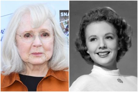 Montagem com fotos de Piper Laurie. Na primeira, uma mulher velha e branca, com cabelos brancos e óculos de grau. Na segunda, uma foto em preto e branco de uma mulher com cabelo curto e moletom branco - Metrópoles