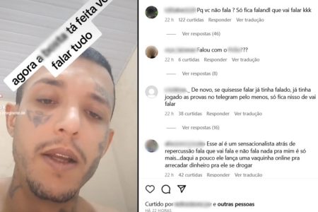 Em imagem colorida homem com o rosto tatuado, a esquerda, ao lado de mensagens duvidando da honestidade dele - Metrópoles