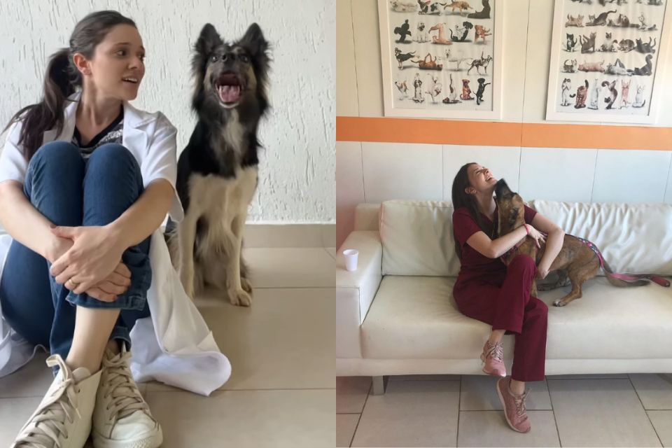 Foto colorida de uma mulher com cachorro - Metrópoles