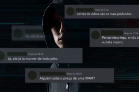 Montagem com imagem de jovem com capuz e mensagens no Discord relacionadas a ataques violentos - metrópoles