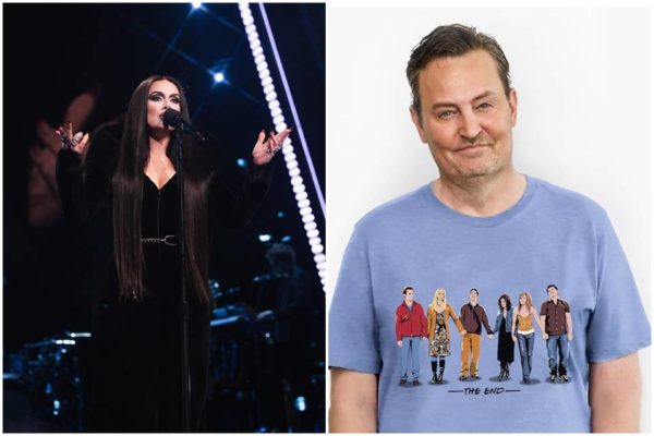 Montagem colorida com fotos de Adele no palco em show de Las Vegas e de Matthew Perry com camisa azul