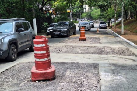 Imagem mostra cones em buracos em avenida - Metrópoles