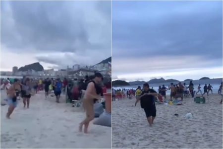 Foto colorida de briga entre torcedores do Fluminense e do Boca Juniors em Copacabana - Metrópoles