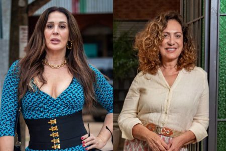 montagem com foto de claudia raia de vestido estampado azul com cinto grosso preto e eliane giardini de camisa bege - metrópoles