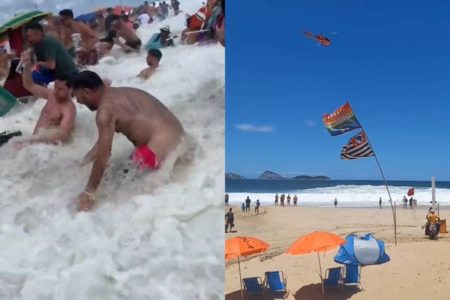 montagem com foto de pessoas sendo arrastadas por água e helicoptero sobrevoando praia - metrópoles