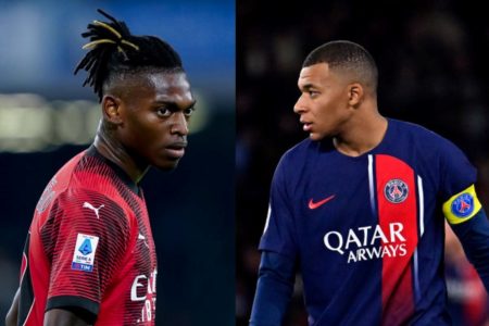 Imagem colorida de Rafael Leão e Kylian Mbappé, principais jogadores do Milan e PSG- Metrópoles