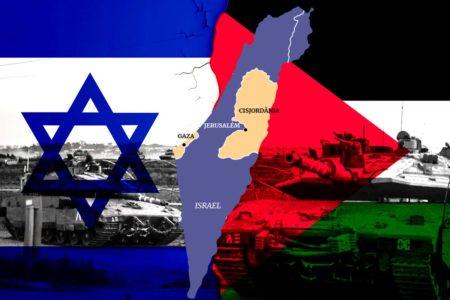 Colagem mostra bandeiras de Israel e Palestina sobrepostas ao mapa da Cisjordânia - Metrópoles