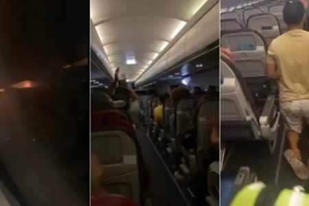 Imagem colorida de homem de joelhos após avião fazer pouso de emergência na Bahia - Metrópoles