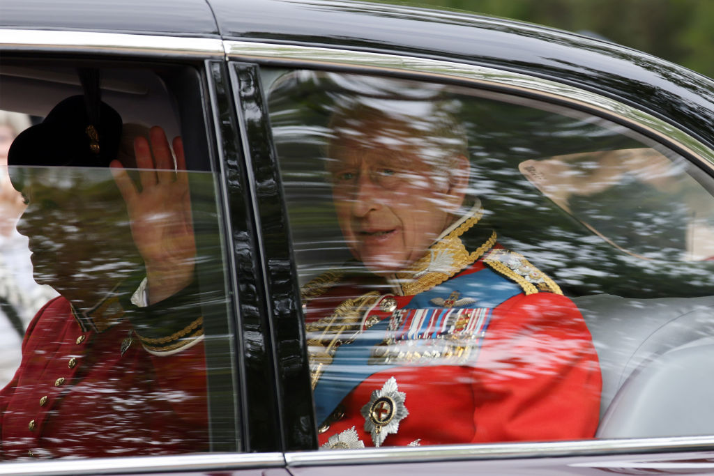 LONDON, ENGLAND - JUNE 17: King Charles III seen leaving Clarence House ahead of Trooping the Colour on June 17, 2023 in London, England. Trooping the Colour is a traditional parade held to mark the British Sovereign's official birthday. It will be the first Trooping the Colour held for King Charles III since he ascended to the throne. (Photo by Neil Mockford/Getty Images)