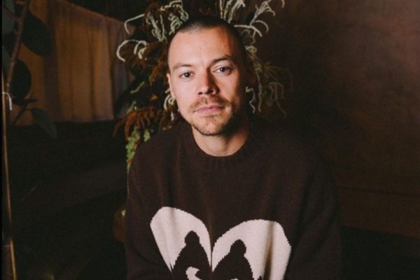 Harry Styles, homem jovem e branco está usando uma camisa marrom com detalhes brancos. Ele está careca - Metrópoles