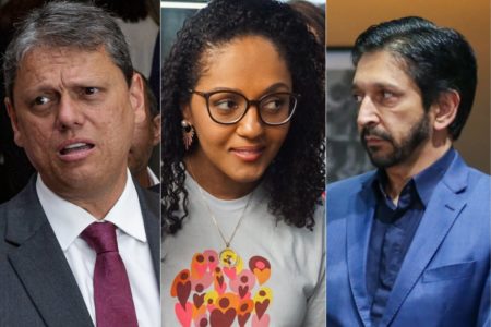 Montagem colorida mostra o rosto de Tarcísio de Freitas, Sonaira Fernandes e Ricardo Nunes - Metrópoles