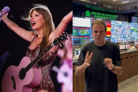 Montagem colorida com uma foto da cantora Taylor Swift e uma foto do governador do Rio de Janeiro, Eduardo Paes