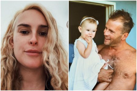 Montagem com fotos de Rumer Willis atualmente e em foto antiga com o pai, Bruce Willis - Metrópoles