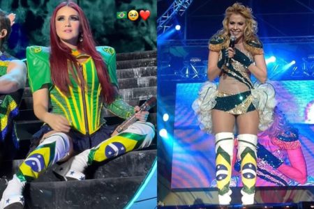 montagem com foto de dulce maria sentada em palco e joelma em pé - metrópoles