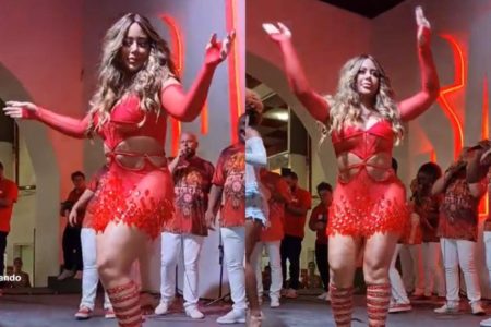 montagem com duas fotos coloridas de rafaella santos com vestido vermelho colado dançando - metrópoles