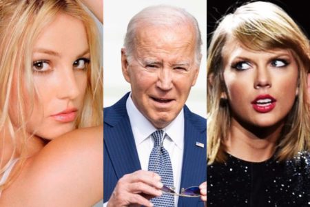 Britney Spears, Joe Biden e Taylor Swift em tela dividida - Metrópoles