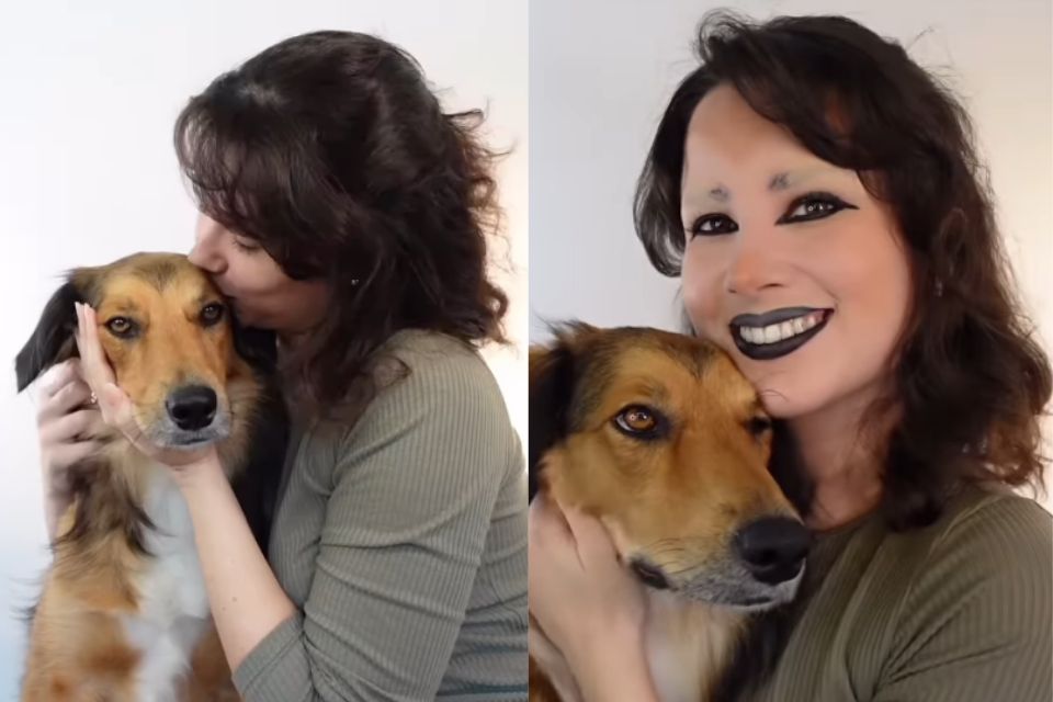 Foto colorida de um cachorro e uma mulher - Metrópoles