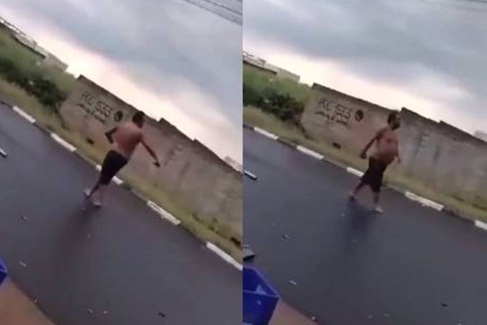 Montagem com dois frames do vídeo do sogro gritando "eu chupei seu cu" para o genro
