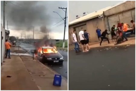 Imagem colorida mostra confusão com carro incendiado após filha revelar suposto caso amoroso entre pai e genro - Metrópoles