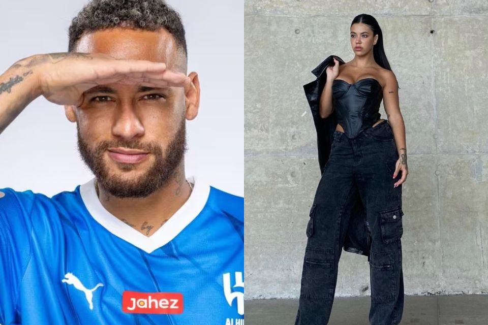 Montagem colorida de Neymar e Nathalia Morais, atriz que deu um toco nele - Metrópoles