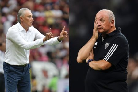 Imagem colorida de Tite e Felipão, técnicos do Flamengo e Atlético-MG, respectivamente- Metrópoles