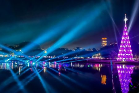 Imagem colorida mostra a árvore de natal do Parque Ibirapuera. Ela está flutuando no largo do parque, em uma foto feita à noite. A árvore é inteira iluminada e roxa. Nas margens do lago, há canhões de luz - Metrópoles