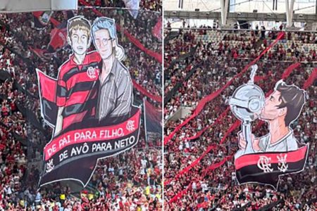 Imagem colorida de mosaico da torcida do Flamengo sobre Filipe Luís e Rodrigo Caio - Metrópoles